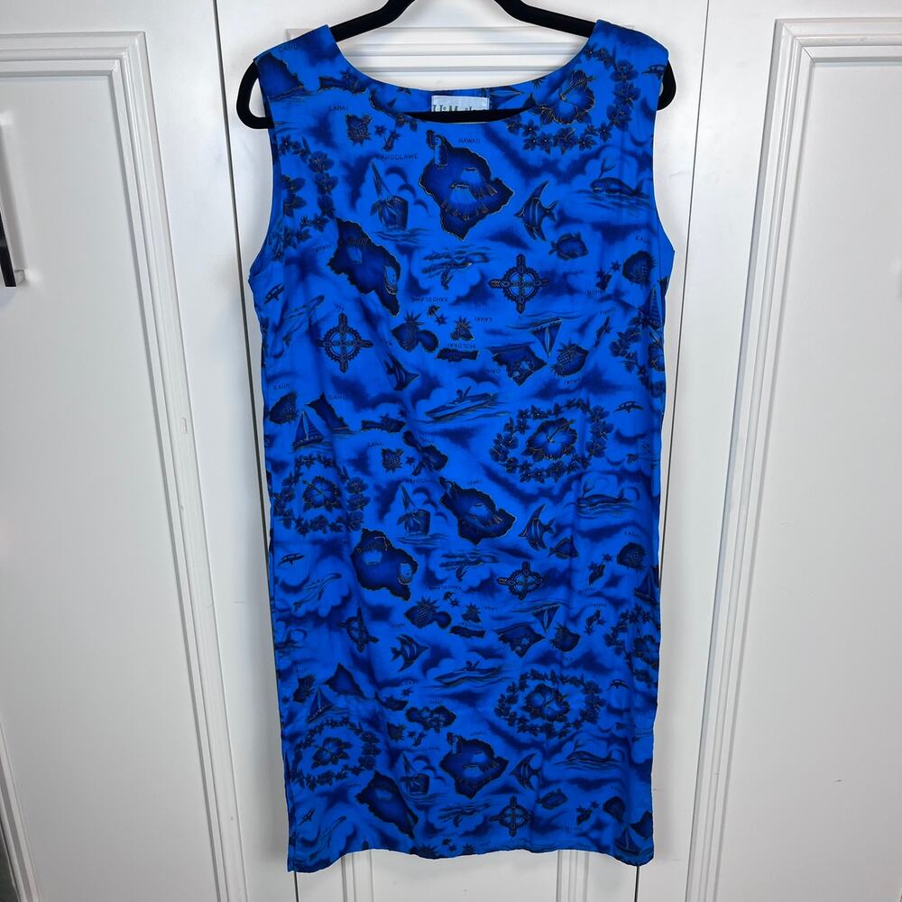 Vintage Ui Maikai Hawaiian Print Blue Cotton Dress Large